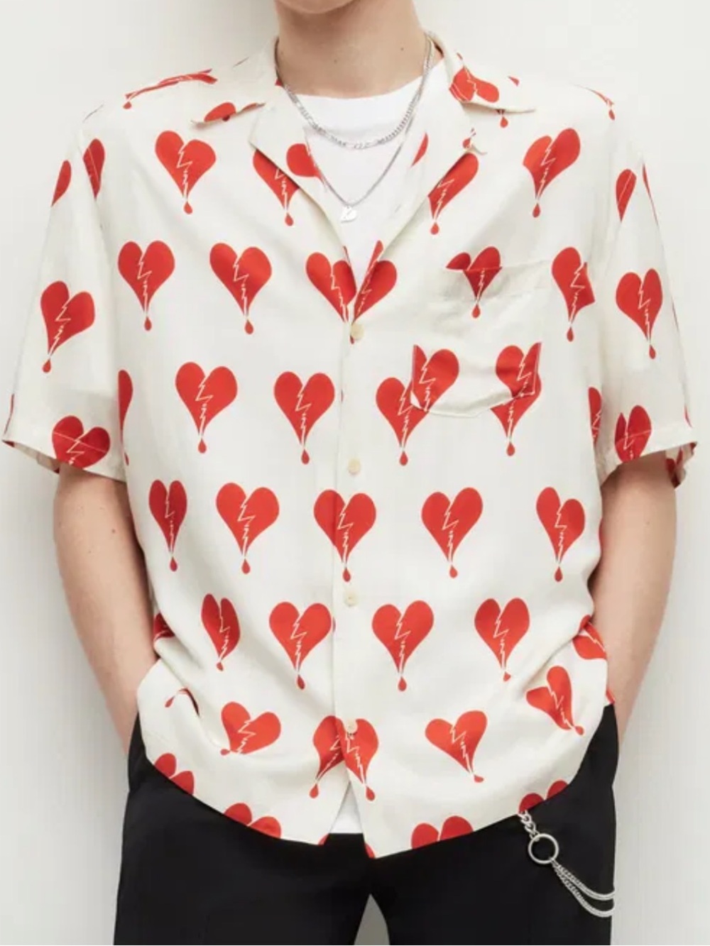 AllSaints Break Up Broken Heart Print Mens Camp Short Sleeve Shirt Sz Medium